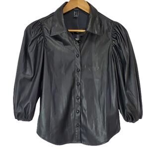 Forever 21 Vegan Leather Woven Blouse Long Sleeve Button Front Small NEW